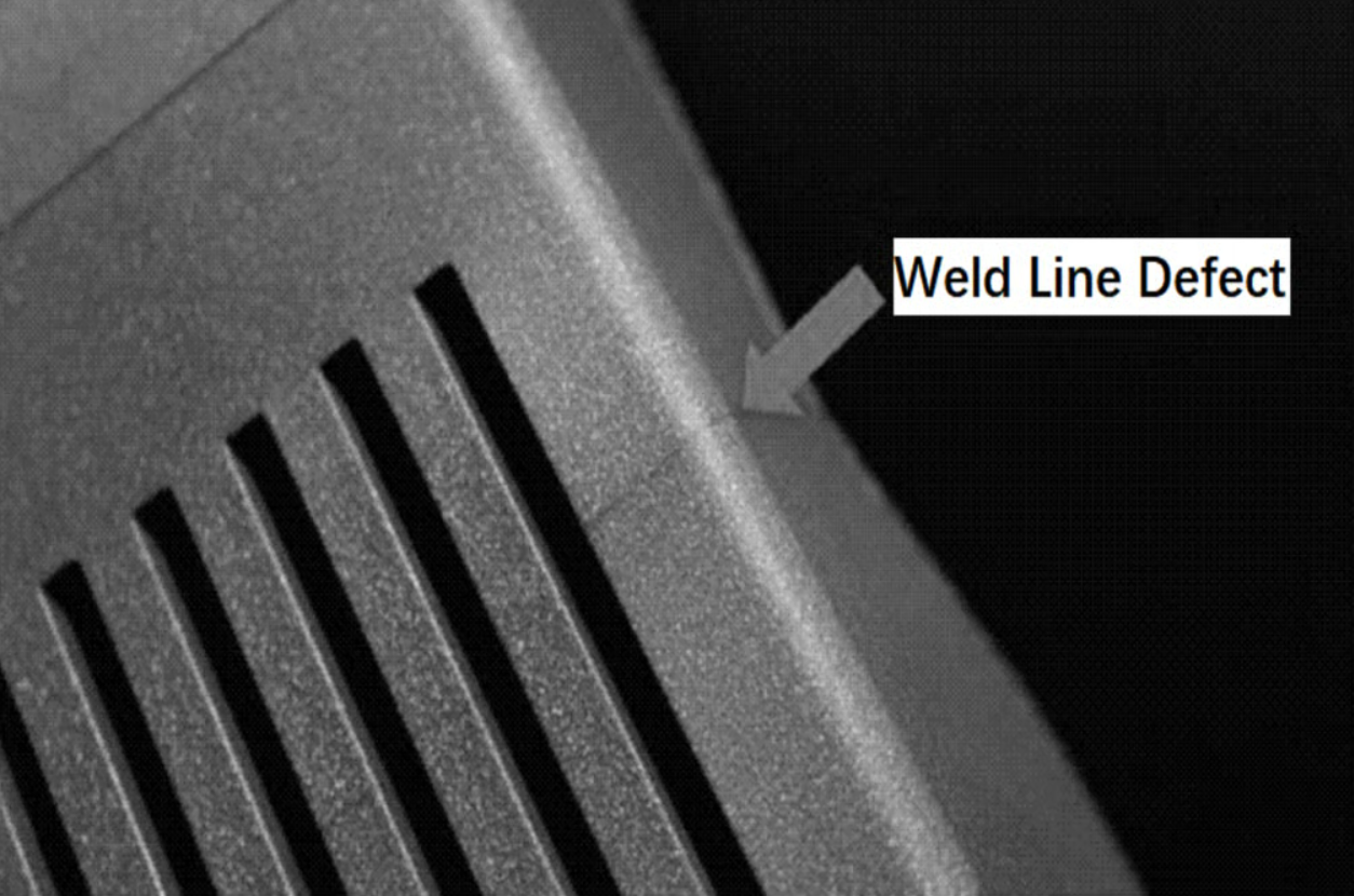 Injection molding weld line defects showing knit line formation and fusion issues at flow front convergence points